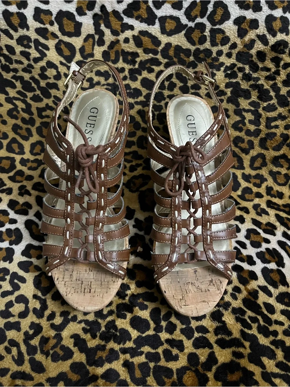 Brown Leather Strappy Cork Wedge Sandals - Women